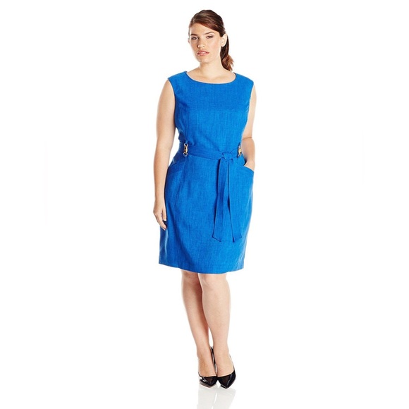 Ellen Tracy A-line Sleeveless Midi Dress Cobalt Blue Waist Accent Bow & Pockets - Picture 2 of 15